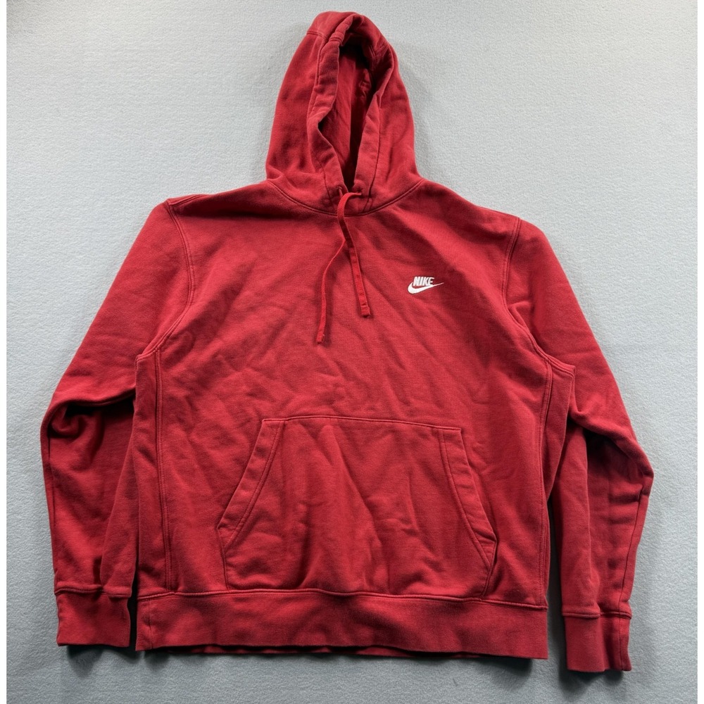 Nike Hoodie Mens Large Red Fleece Pullover Kangaroo Pocket Small Swoosh Logo‎